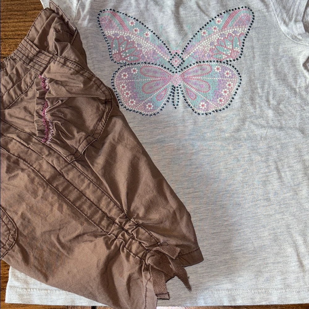 Place Pink Blue Butterfly Top & Brown Shorts Ruffle Pockets Size 7 8 Girls